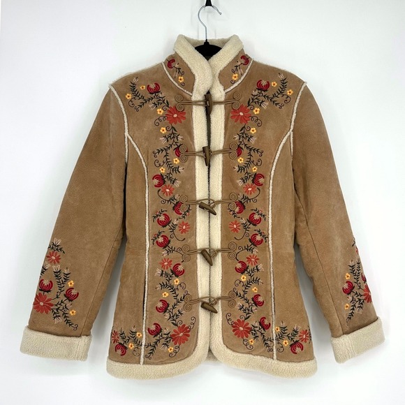 St. John's Bay Jackets & Blazers - St. John's Bay Tan Suede Embroidered Toggle Coat with Cream Shearling Trim